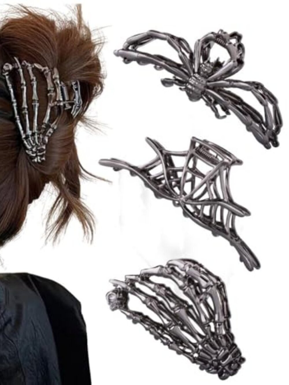 3PCS Black Spider Web Skeleton Hand Skull Hair Claw Clips for Women And Girls